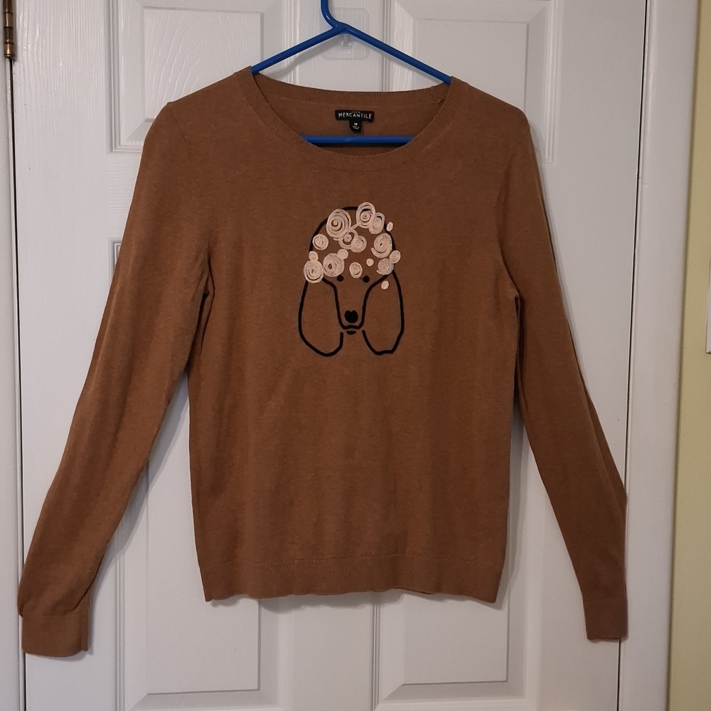 J Crew Mercantile sz M, 100% cotton, embroidered poodle sweater in light brown.